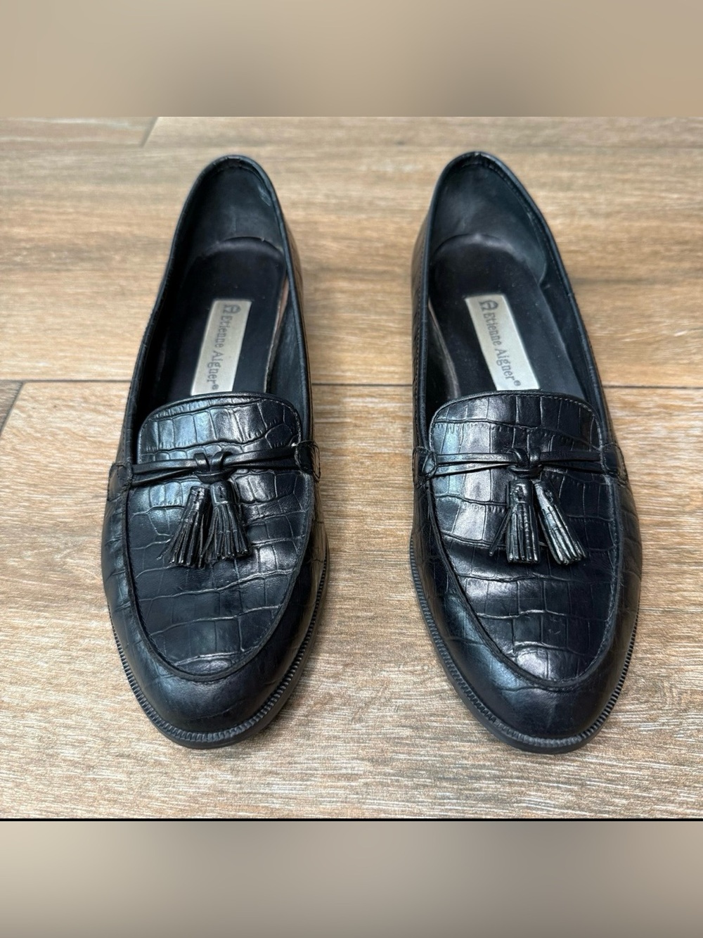 Black Croc-Embossed Tassel Loafers